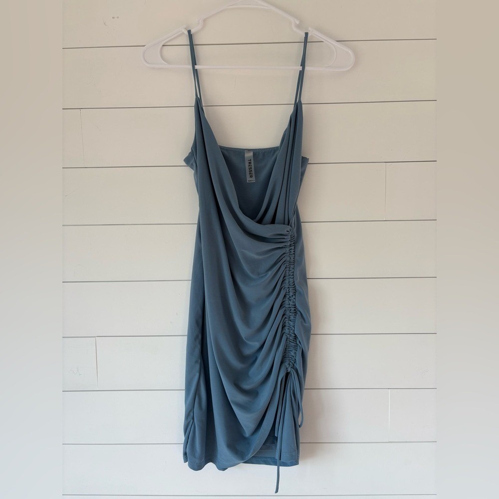 Tresser Blue Draped Neck Ruched Slip Dress Spaghetti Strap Womens Size Small